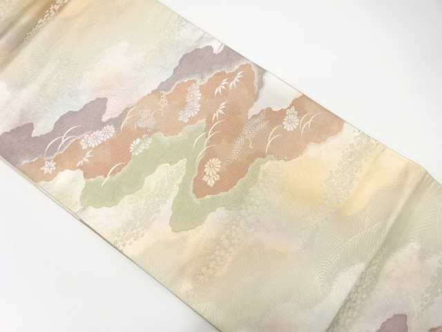 JAPANESE KIMONO / ANTIQUE FUKURO OBI / SILK / WOVEN FLORAL PLANTS